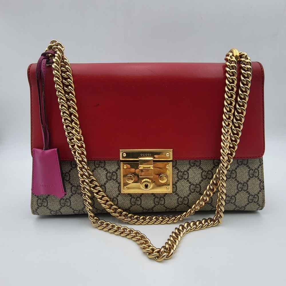 GUCCI GG Supreme Monogram Calfskin Medium Padlock Bag Beige Hibiscus Red,,,,,